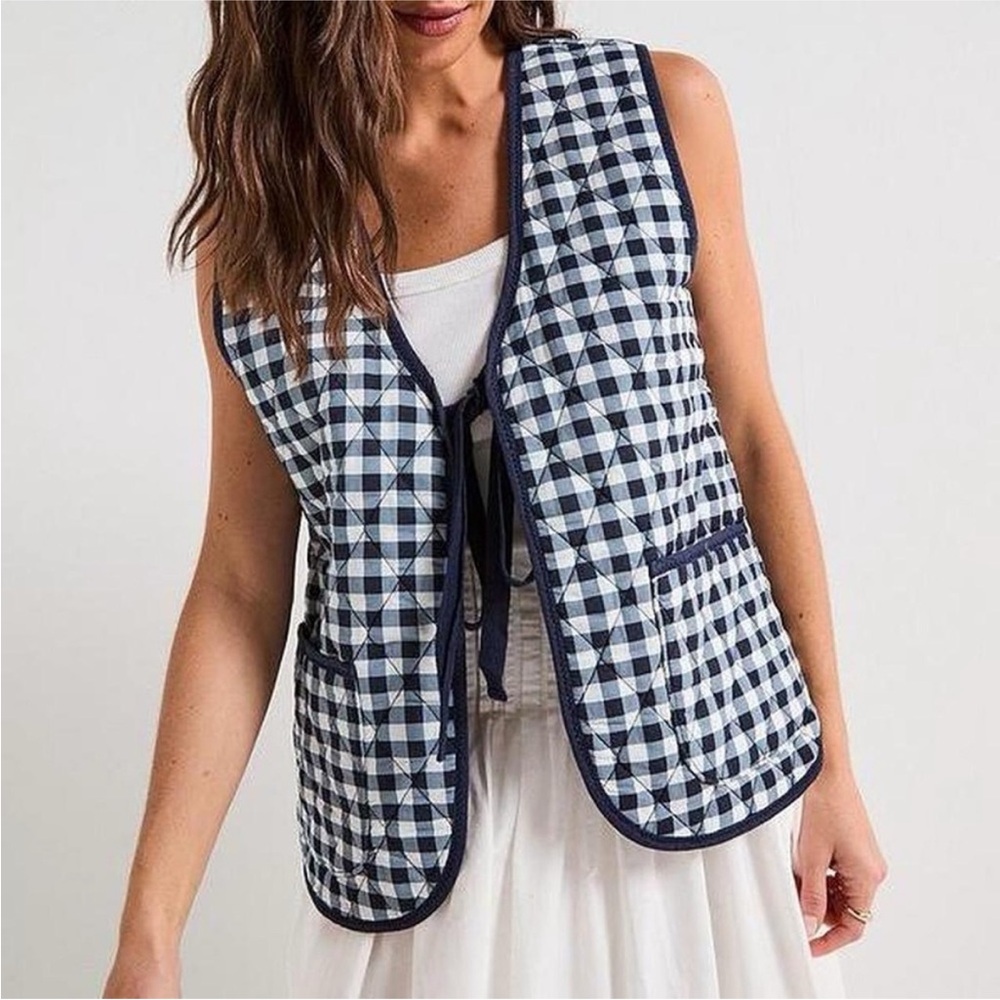 Free People Claudine Quilted Vest in Blueberry, Blue and White, Size Small